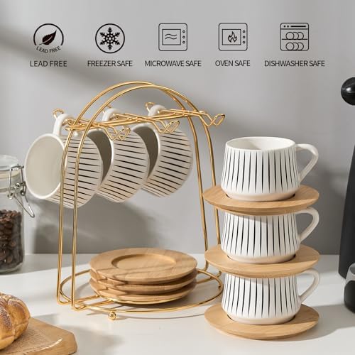LUKA Ceramic Coffee Espresso Cups with Saucers Set with Metal Holder