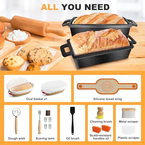 MSJGA 9×5 Inch Cast Iron Loaf Pans with Lid for Bread Baking, 2 In 1