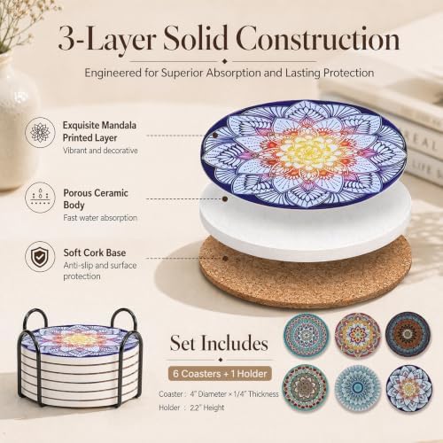 Coasters for Drinks with Holder, Absorbent Ceramic Coasters Set of 6