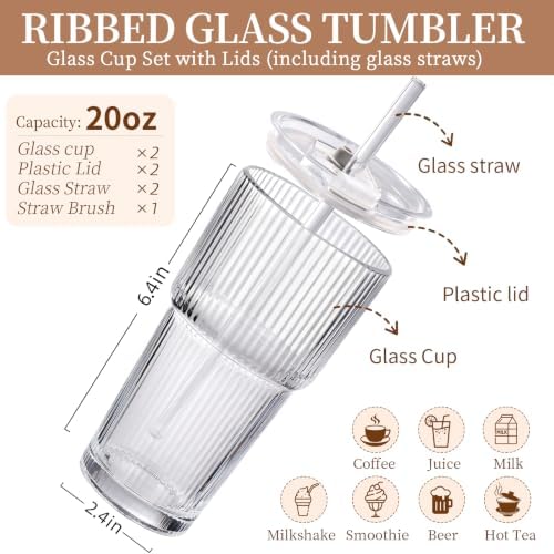 Iced Coffee Cups with Lids,Glass Cups with Lids and Straws,2 Coffee