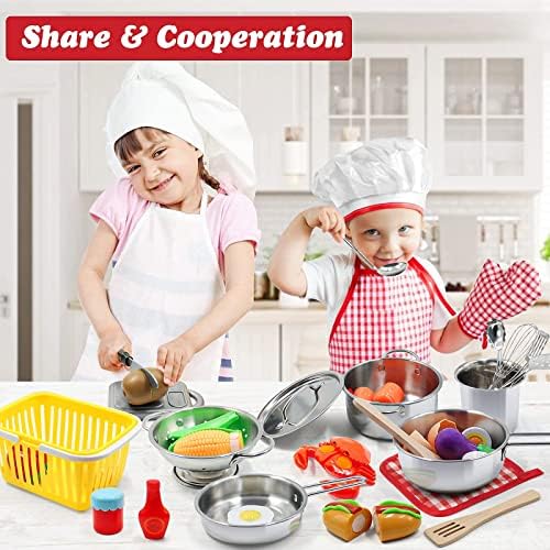 Kids Pretend Play Kitchen Toys Accessories Set, 32pcs Stainless Steel