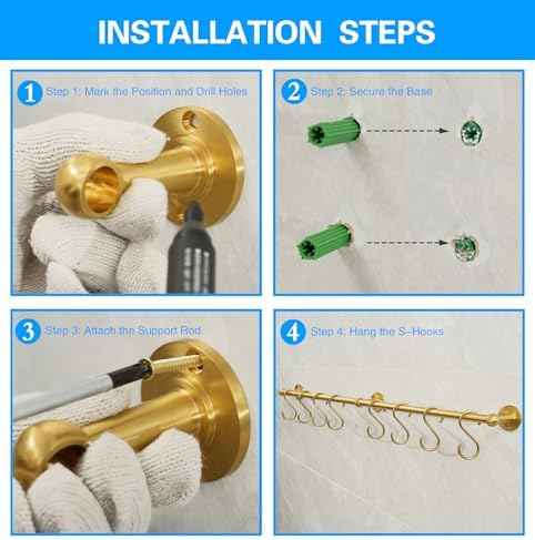 31 Inch Brass Pot Rack Wall Mounted, Kitchen Rail with Hooks for Pots, Pans, Mugs and Utensils, Segmented Wall Hanging Rack, Includes 8 S-Hooks