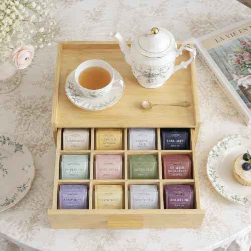 Brown Bamboo Tea Bag Organizer Box with Drawer for Counter