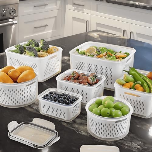 Fruit Storage Containers for Fridge, 4 Pieces, Removable Colander