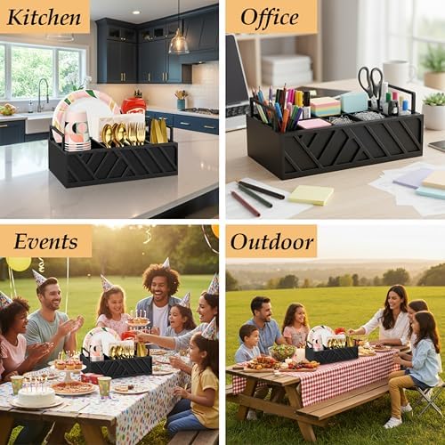 Paper Plate Dispenser with Utensil Caddy, Rustic Wooden 6-Compartment