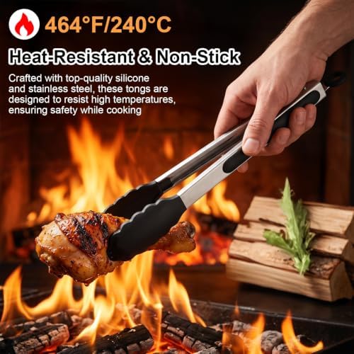 12 Pcs Tongs Set, 7, 9, 12 Inches, Black & Silver