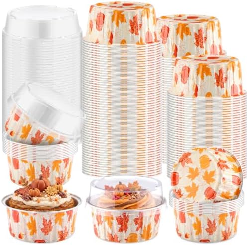 Potchen 100 Pack 5 oz Fall Mini Aluminum Foil Cake Pans with Lids