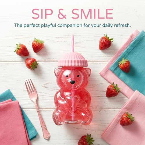 Glass Bear Cup,Bear Cup with Straw, 500ml Reusable Bear Glass Tumbler