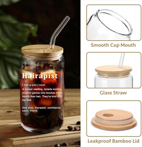 Mikopei Hairdresser Gifts for Women, Hairapist Glass Cup with Lid and
