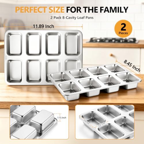 E-far Mini Loaf Pan, 8-Cavity Stainless Steel Baking Bread Pans Set