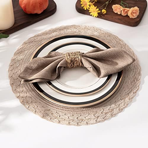 SHACOS Round Placemats Set of 4 Boho Braided Border 15 inch Circle