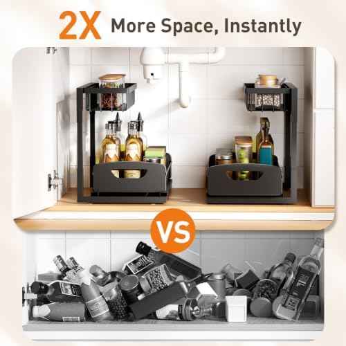 Under Kitchen Sink Organizer, Metal Pull Out Bathroom Organizers and Storage, 2-Tier Cabinet Organizer Shelf with Sliding Drawer, Home Organization for Kitchen, Laundry, Pantry, Black, 2 Pack