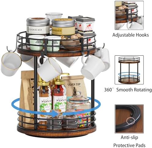 Rotating Coffee Mug Holder Rack Stand, 2 Tier Wooden Coffee Station