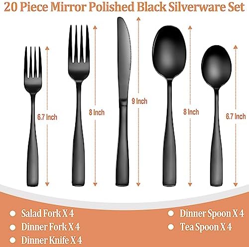 20 Pcs Black Silverware Set, Food-Grade Stainless Steel Flatware Set