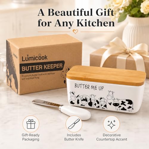 Porcelain Butter Dish with Lid, Natural Bamboo Lid, Seal, Cow Butter
