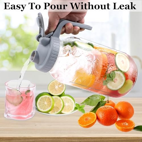 Mason Jar Pitcher Wide Mouth 64 OZ Glass Jars With Pour Spout Lids
