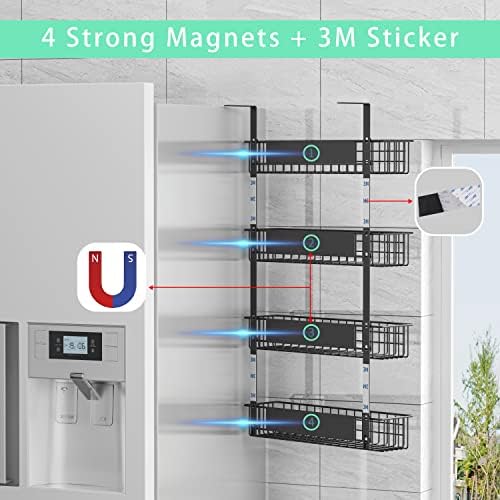 4 Tier Magnetic Spice Rack with Utility Hooks, Black