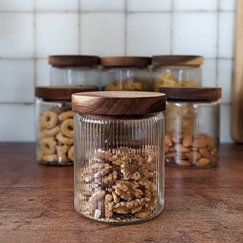 Mason & Fable Ribbed Glass Jar with Wooden Lid 17oz, Set of 3