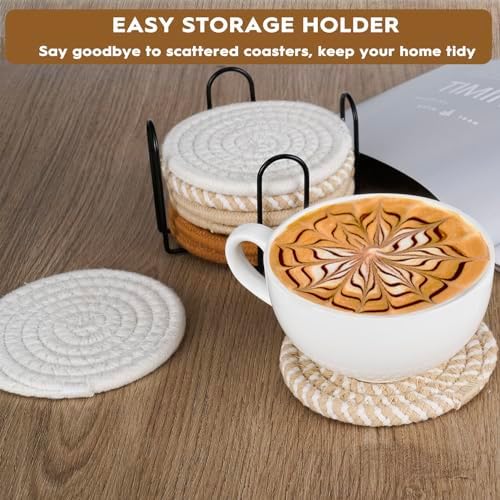 8 Pcs Drink Coasters with Holder, Boho Minimalist Cotton Woven