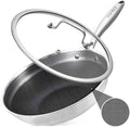 Inqibee 9.5 Inch Hybrid Stainless Steel Wok Pan with Lid, Ceramic Coating