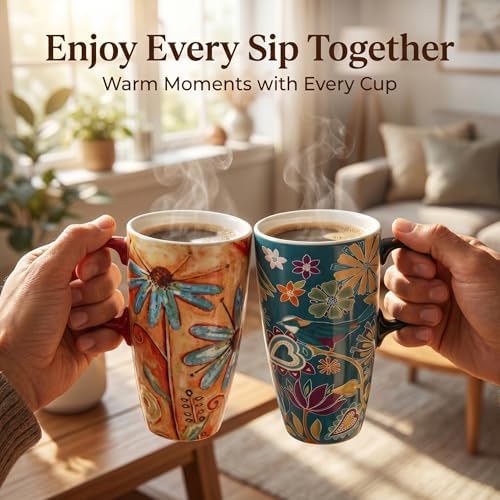 Topadorn Set of 2 Ceramic Travel Mugs with Lid, 17oz Ceramic Coffee