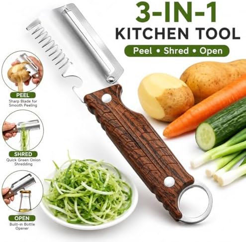 2Pack 3-in-1 Vegetable Peeler with Faux Wood Handle, Stainless Steel