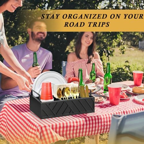 Paper Plate Dispenser with Utensil Caddy, Rustic Wooden 6-Compartment