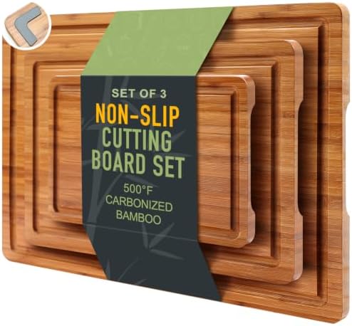 3 Pcs Bamboo Cutting Board Set with Non Slip Wood Non Toxic Chopping Boards