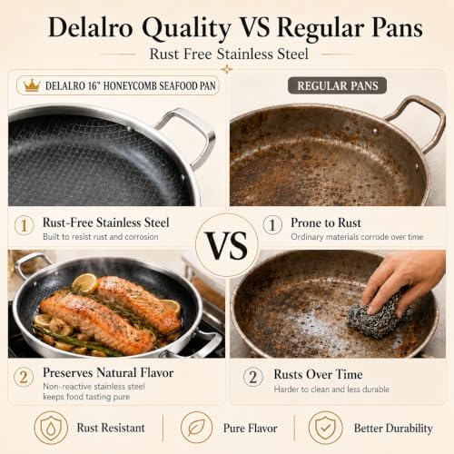 DELARLO 16 Inch Stainless Steel Nonstick Paella Pan with Lid