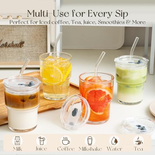 KEMORELA 13 oz Matcha Glass Cups with Lids and Straws, Iced Coffee
