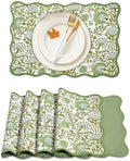 CPC Agate Green Block Print Reversible Scallop Placemat 14x20 Inch Set