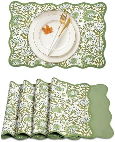 CPC Agate Green Block Print Reversible Scallop Placemat 14x20 Inch Set