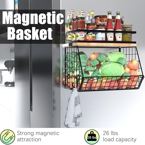 Magnetic Shelf for Fridge with Wood Lid, Fruit Storage Bin