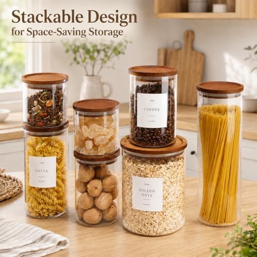 6 Pack Glass Jars with Acacia Lids, 32oz Pantry Airtight Storage