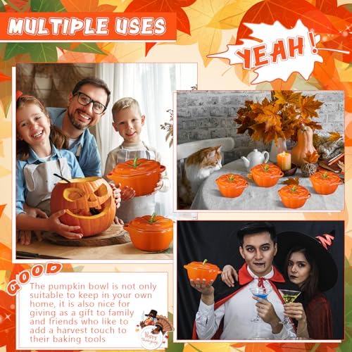Ziliny 2 Pcs Ceramic Pumpkin Bowls with Lids, 13 oz Oven Safe Ramekins