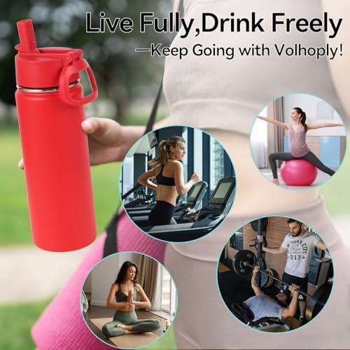 Volhoply 20oz Insulated Kids Water Bottle with Straw, Red