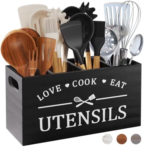 Extra Large Black Wooden Cooking Utensil Holder for Kitchen Countertop