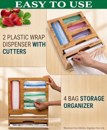Bag Storage Organizer for Kitchen Drawer and Plastic Wrap Dispenser with Cutter, 6 In 1 Large Capacity Bamboo Foil and Plastic Bag Food Baggie Organizer for Snack, Sandwich, Gallon, Quart
