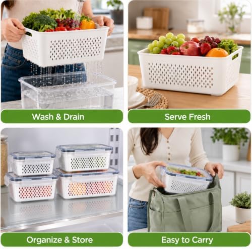 5 Pack Large Fruit Storage Containers for Fridge with Removable