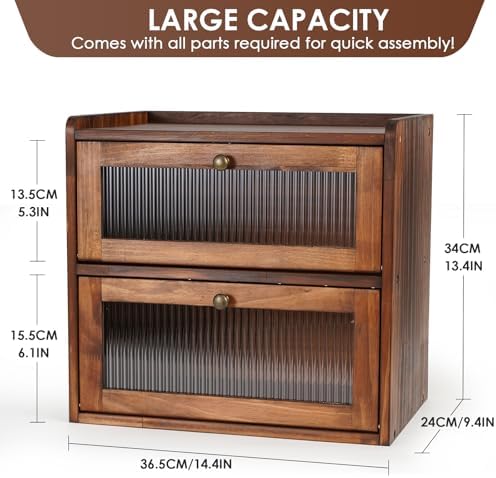 Sunhoo Bread Box for Kitchen Countertop Wooden Bread Storage Container Bin 2 Layer Breadbox Holder Large Capacity Keeper Vintage Farmhouse Food Organizer Pantry Shelf Acrylic Window (Brown)