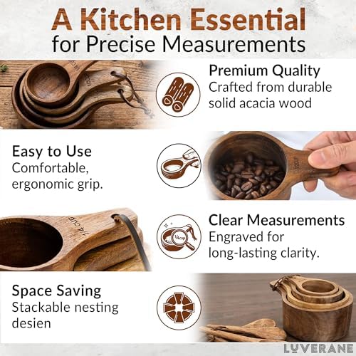 8 Piece Wooden Measuring Cups and Spoons set - Solid Acacia Wood with