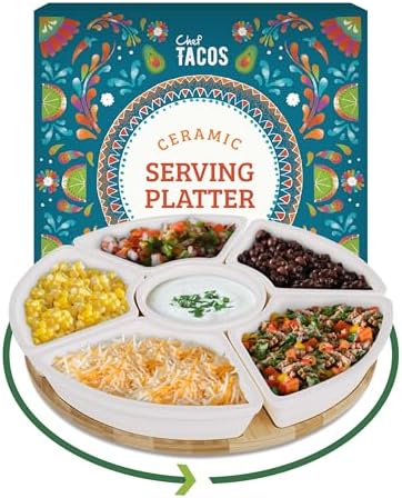 Ceramic Taco Lazy Susan, Taco Serving Platter, 6 Bowls, 10.2 in