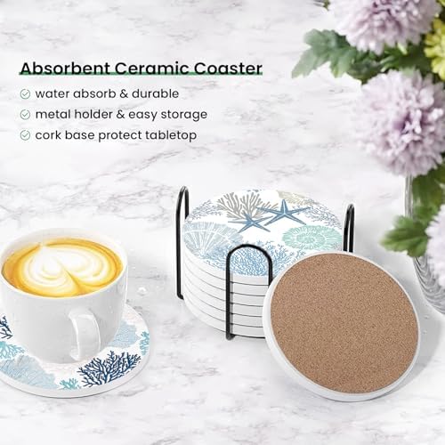 Nautical Coastal Coasters for Drinks Set of 6,Round Absorbent Ceramic