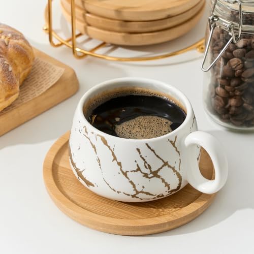 LUKA 7.77 oz Ceramic Cappuccino Cups with Bamboo Saucers and Metal
