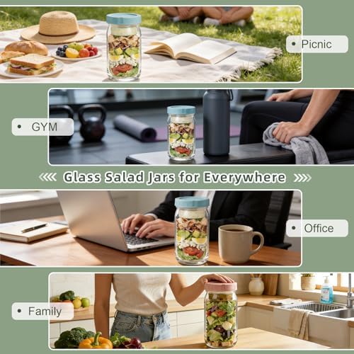 6 Pack Glass Salad Jars with Dressing Cups for Meal Prep, 32oz