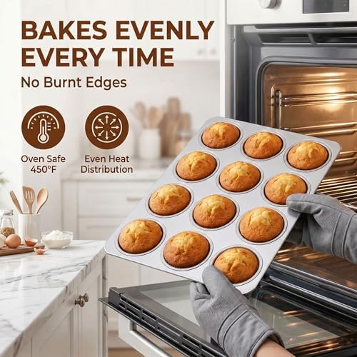 LIANYU 12 Cups Muffin Pan for Baking, 2 Pack Stainless Steel Cupcake