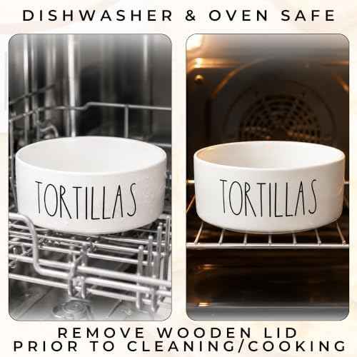 Tortilla Warmer with Lid — Ceramic Tortilla Holder with Wood Lid