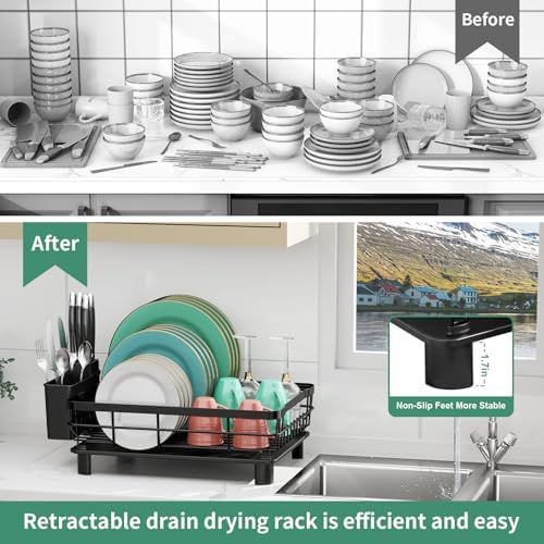 MOUKABAL Dish Drying Rack with Drainboard, Black