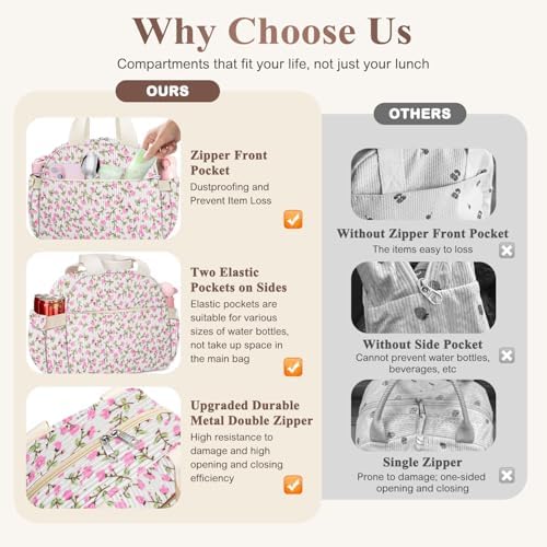 KUBYA Lunch Box for Women, Cute Flower Corduroy Insulated Lunch Bag
