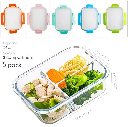 [5-Pack,36 Oz] Glass Meal Prep Containers 3 Compartments with Locking